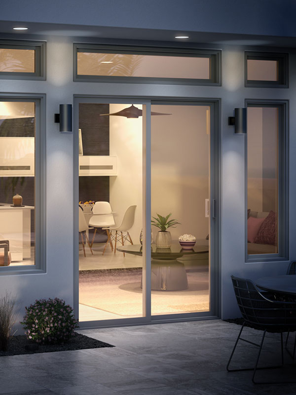 Sliding glass patio doors with grey frame