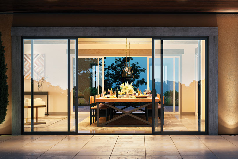 Large glass patio doors with black frame