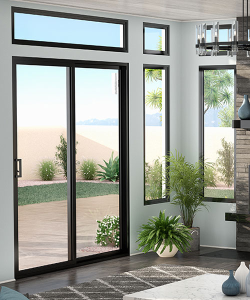 Back patio glass sliding doors and windows with black trim