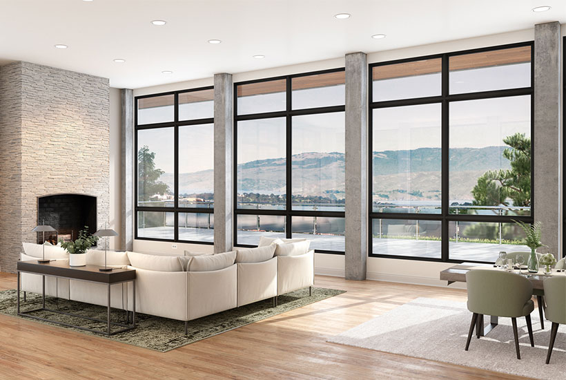 Large windows with black trim in an open living room