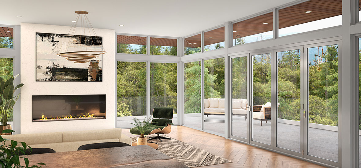 Contemporary living room with fireplace and large windows and tri-fold patio door to deck