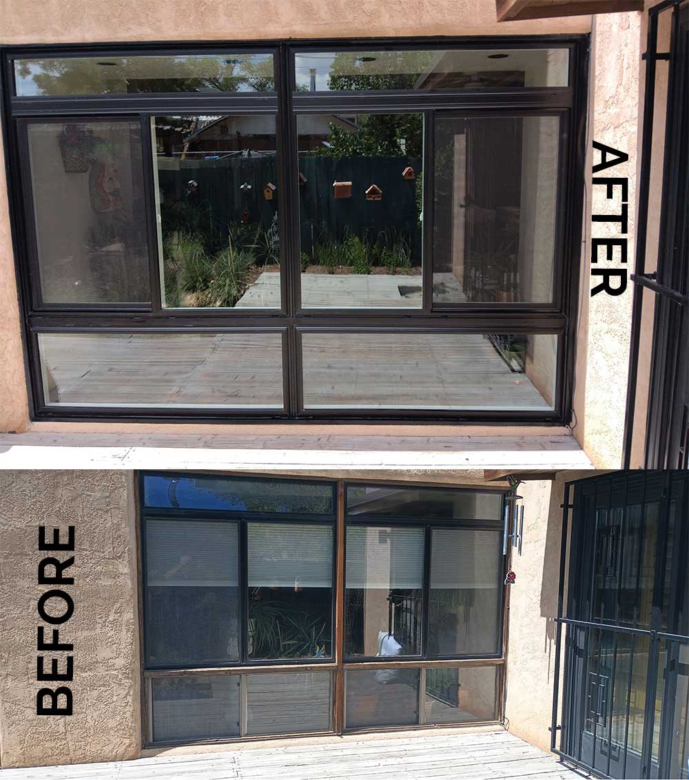Exterior of window replacement before and after images replacing wood frame with a vinyl frame