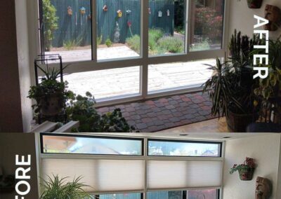 Before and after of window interior for a sun room - replacing outdated wooden windows with new energy-efficient vinyl windows