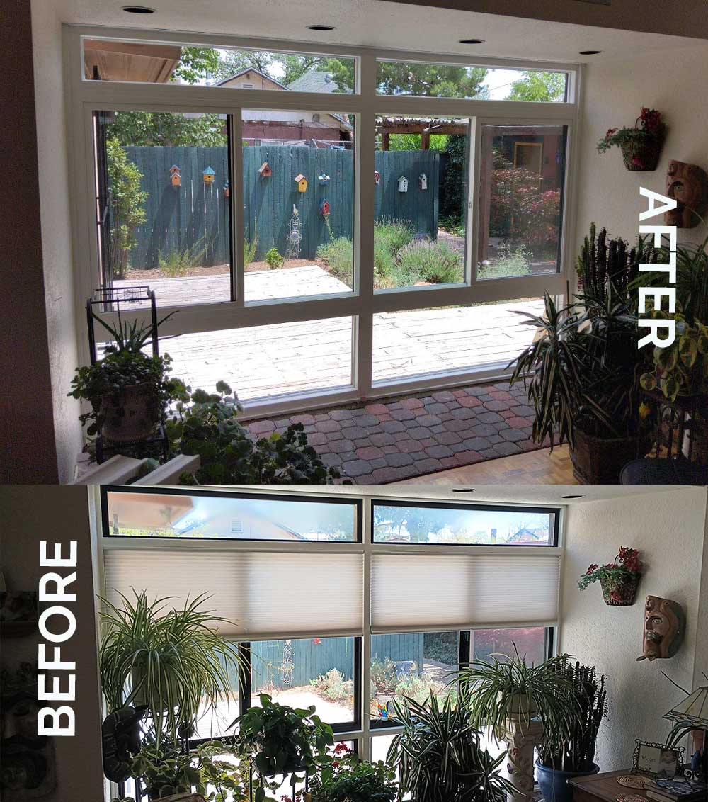 Before and after of window interior for a sun room - replacing outdated wooden windows with new energy-efficient vinyl windows